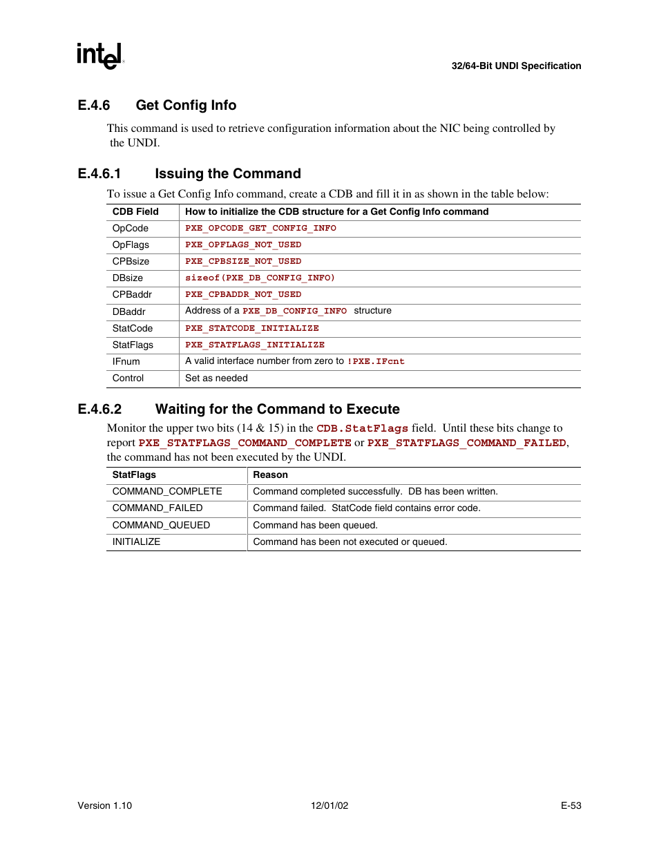 E.4.6 get config info, E.4.6.1 issuing the command, E.4.6.2 waiting for the command to execute | Intel Extensible Firmware Interface User Manual | Page 919 / 1084