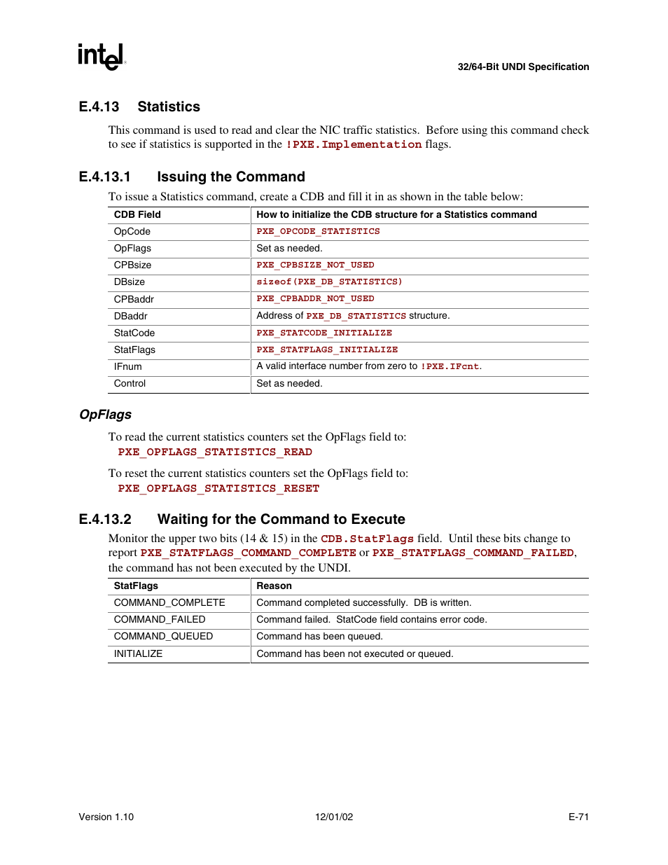 E.4.13 statistics, E.4.13.1 issuing the command, E.4.13.2 waiting for the command to execute | Intel Extensible Firmware Interface User Manual | Page 937 / 1084