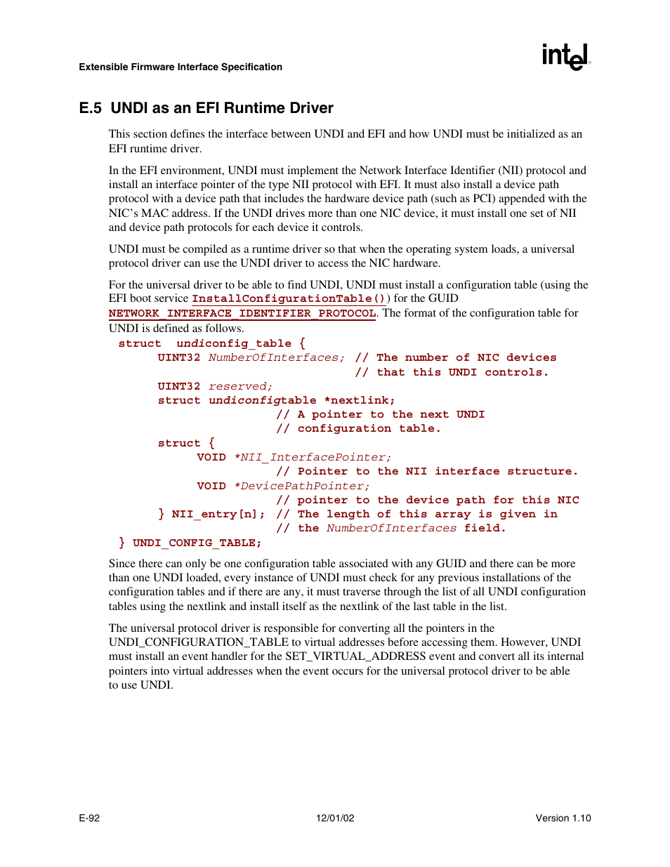 E.5 undi as an efi runtime driver | Intel Extensible Firmware Interface User Manual | Page 958 / 1084