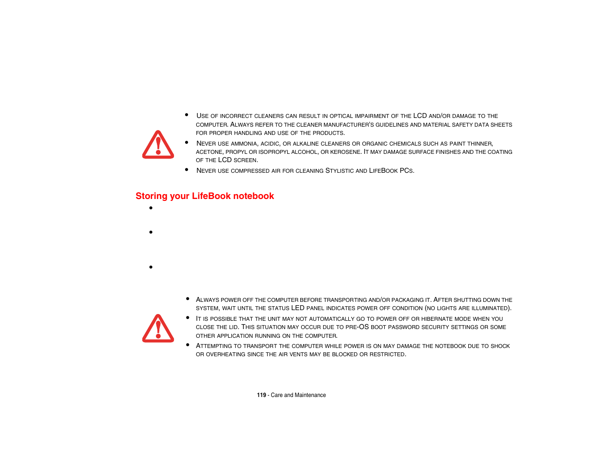 Storing your lifebook notebook | Intel Fujitsu P8010 User Manual | Page 120 / 195