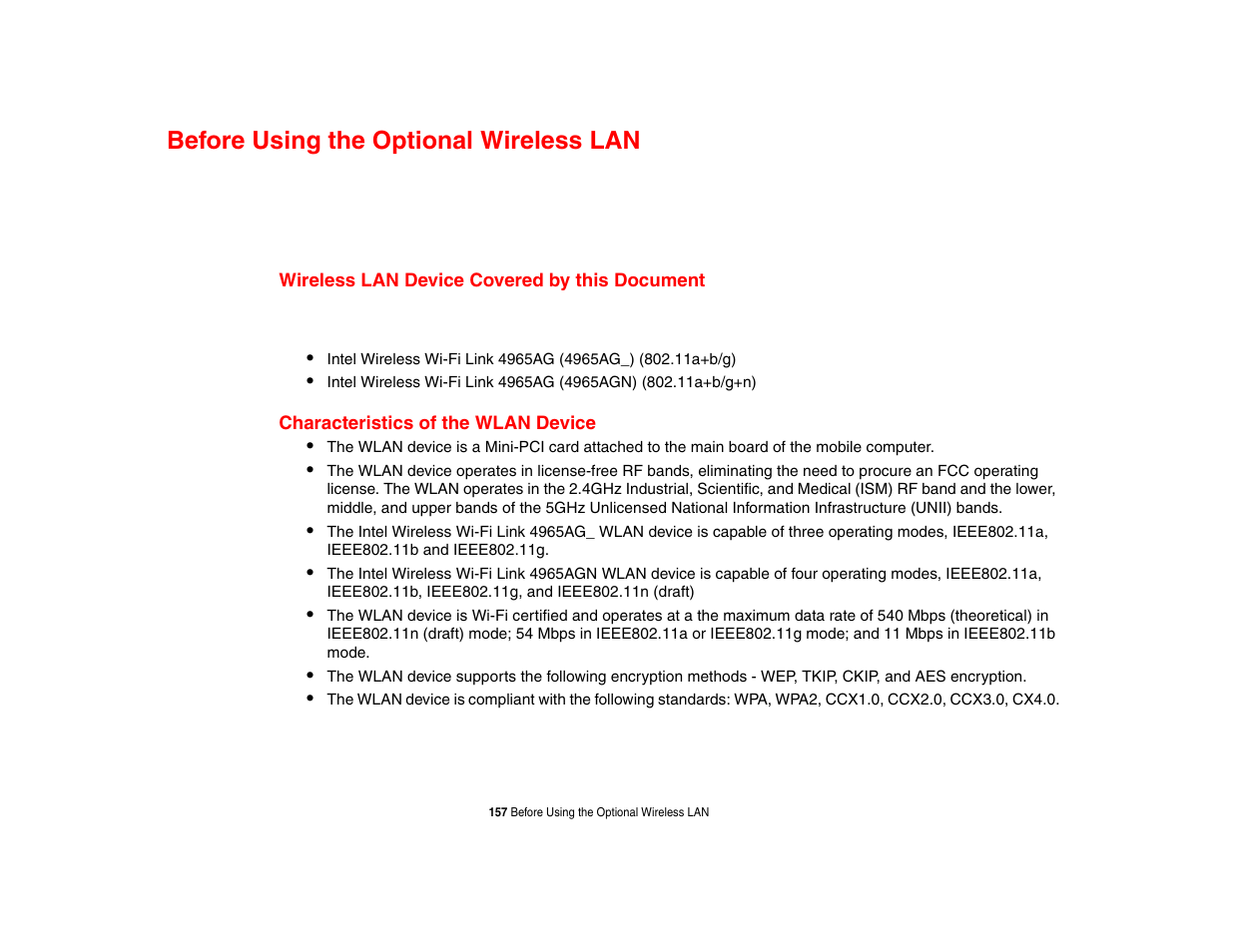 Before using the optional wireless lan, Wireless lan device covered by this document, Characteristics of the wlan device | Intel Fujitsu P8010 User Manual | Page 158 / 195