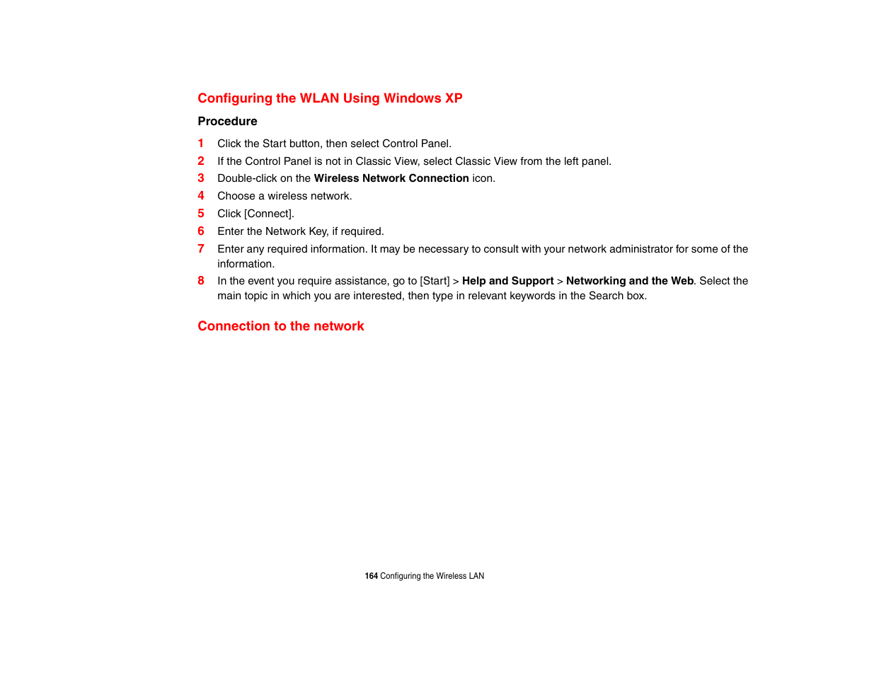 Configuring the wlan using windows xp, Connection to the network | Intel Fujitsu P8010 User Manual | Page 165 / 195