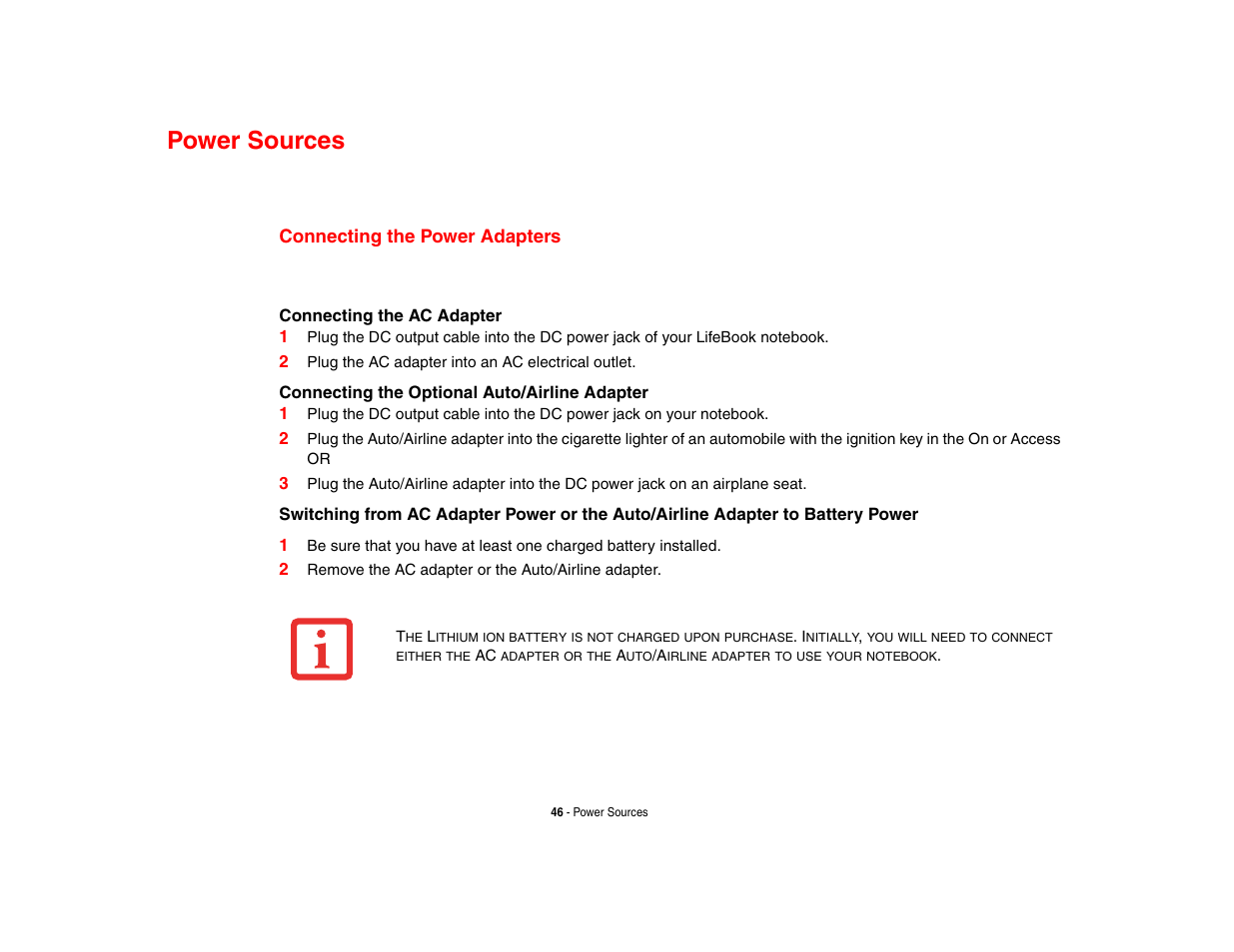 Power sources, Connecting the power adapters | Intel Fujitsu P8010 User Manual | Page 47 / 195