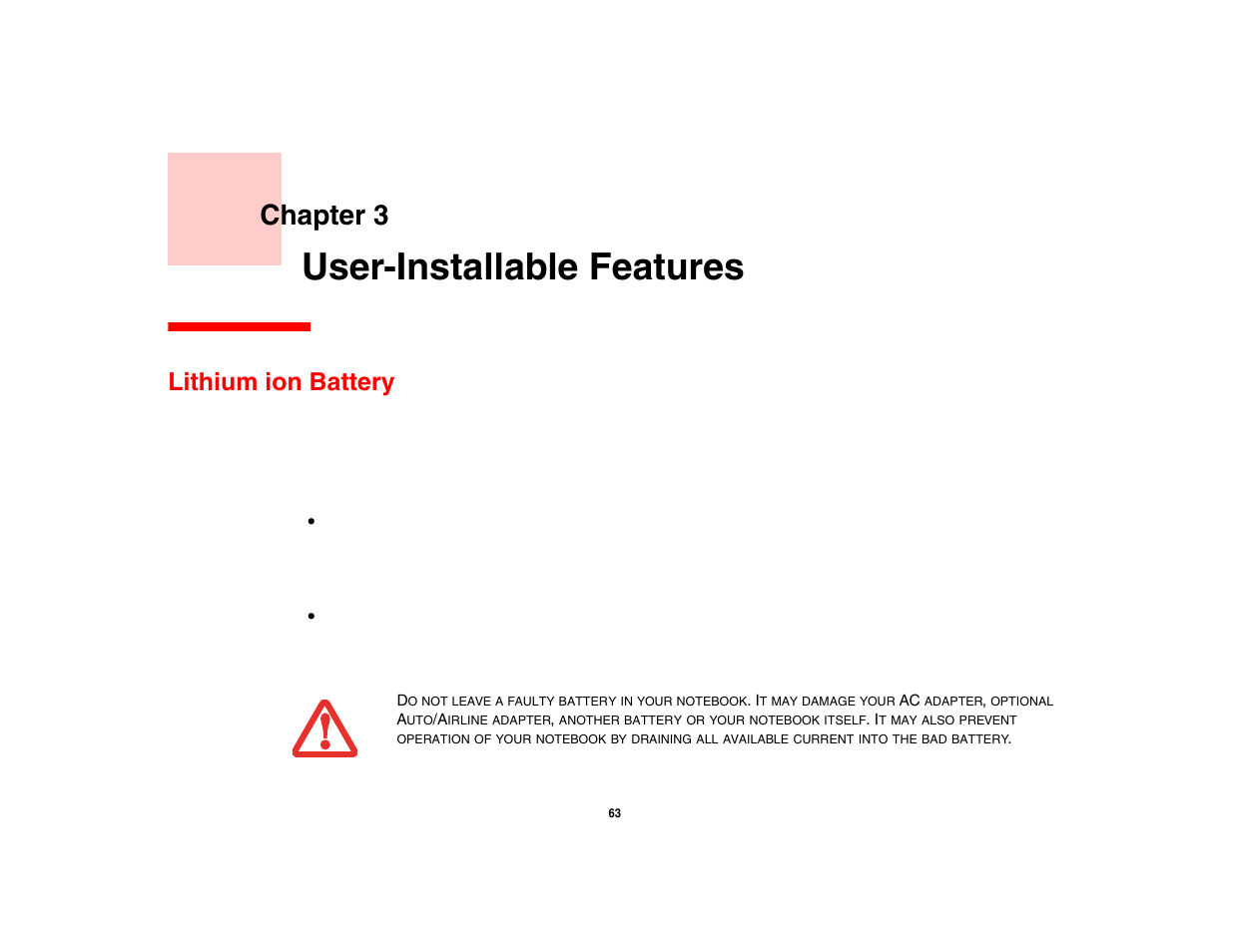 User-installable features, Lithium ion battery, Chapter 3 | Intel Fujitsu P8010 User Manual | Page 64 / 195