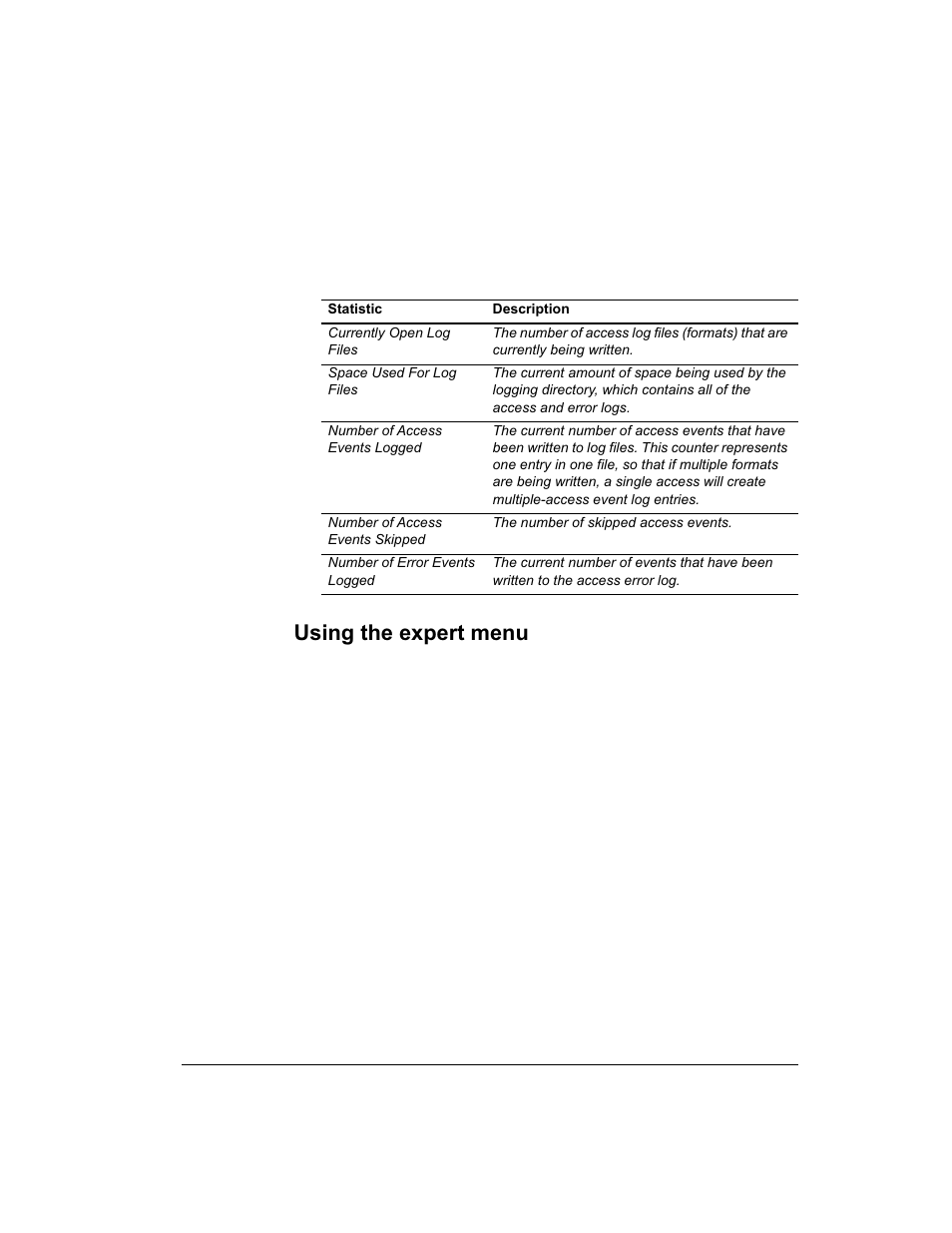 Using the expert menu, Viewing logging statistics, Entering expert mode | Xpert feature. see using the expert menu‚ on | Intel 1520 User Manual | Page 119 / 176