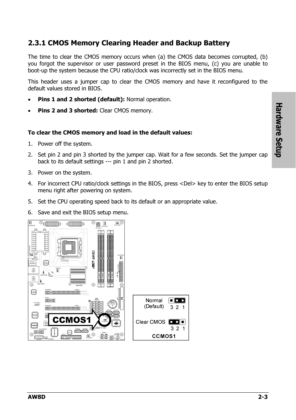 Cmos memory clearing header and backup battery, Hardware setup | Intel AW8D User Manual | Page 11 / 80