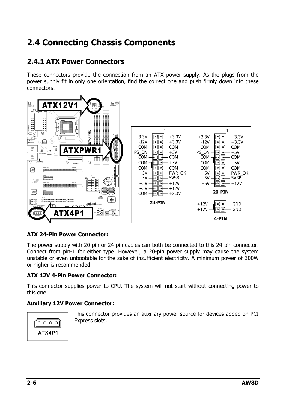 Connecting chassis components, Atx power connectors, 4 connecting chassis components -6 | 1 atx power connectors -6, 4 connecting chassis components | Intel AW8D User Manual | Page 14 / 80