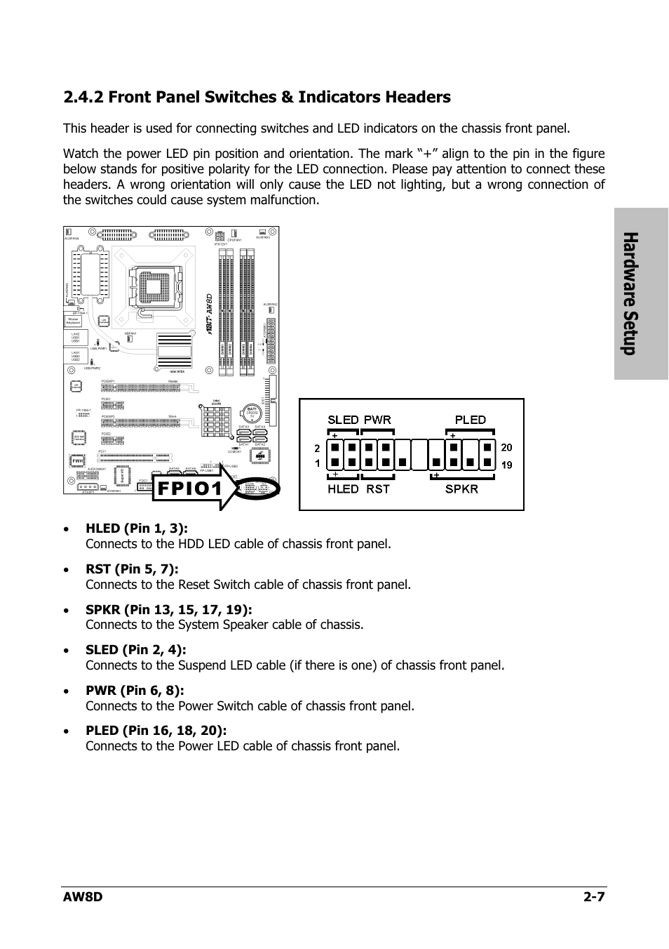 Front panel switches & indicators headers, 2 front panel switches & indicators headers -7, Hardware setup | Intel AW8D User Manual | Page 15 / 80