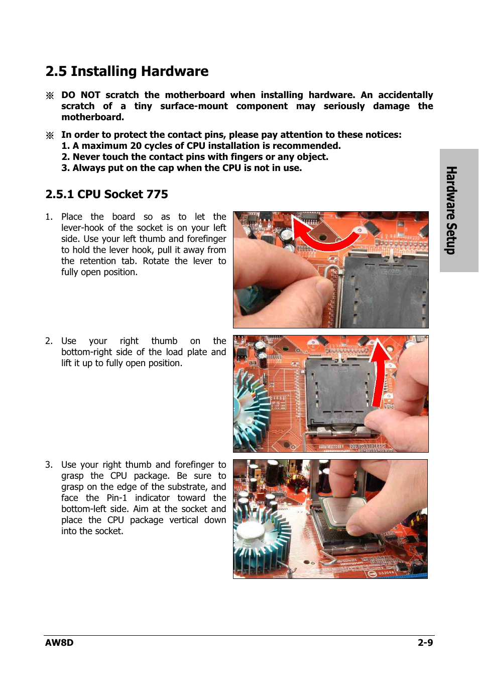 Installing hardware, Cpu socket 775, 5 installing hardware -9 | 1 cpu socket 775 -9, Hardware setup, 5 installing hardware | Intel AW8D User Manual | Page 17 / 80