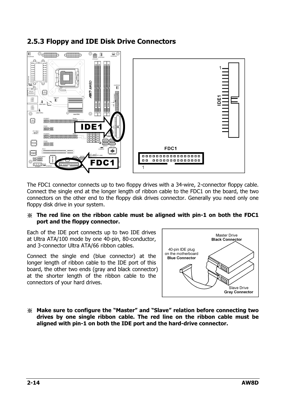Floppy and ide disk drive connectors, 3 floppy and ide disk drive connectors -14, 3 floppy and ide disk drive connectors | Intel AW8D User Manual | Page 22 / 80