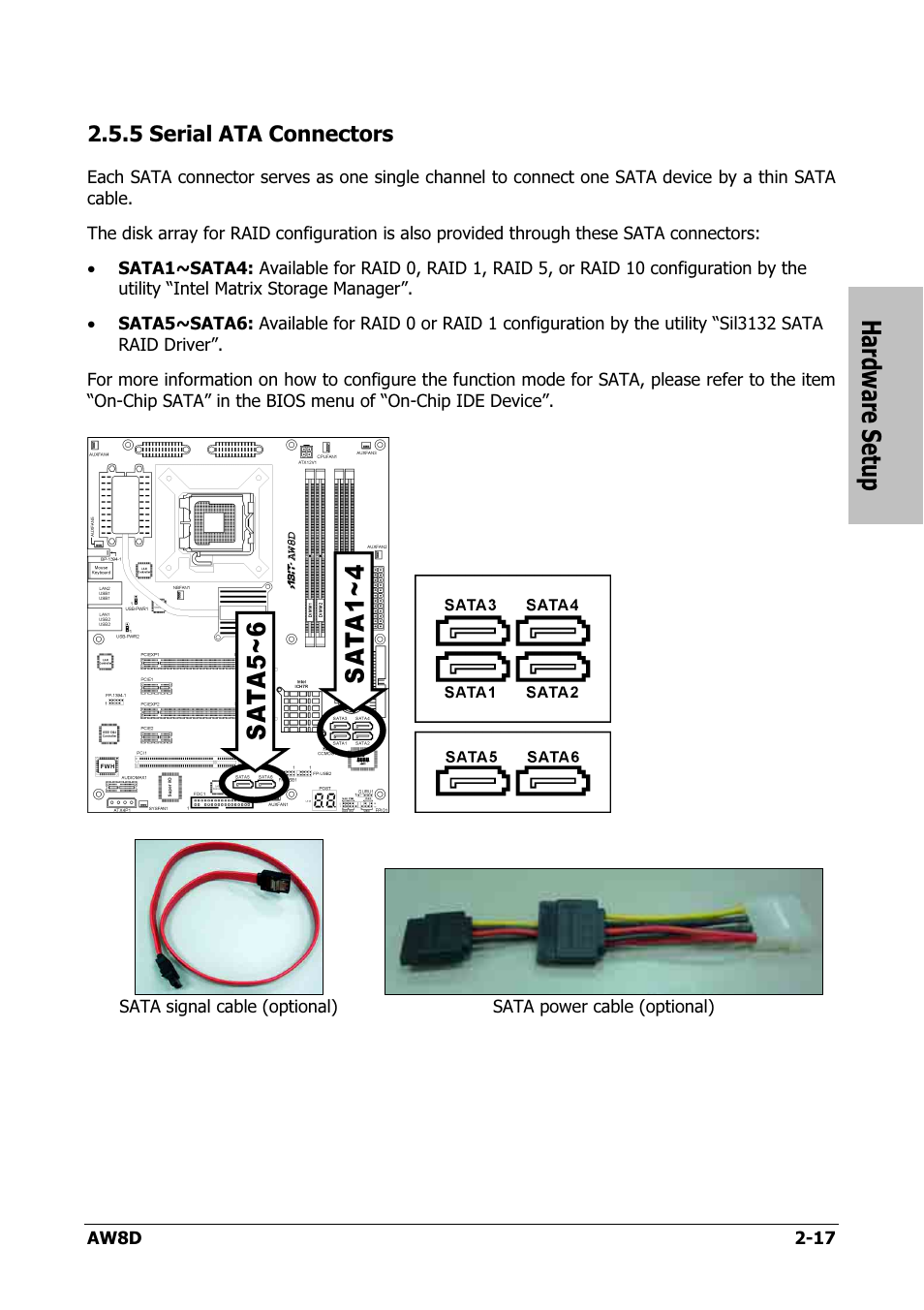 Serial ata connectors, 5 serial ata connectors -17, Hardware setup | Intel AW8D User Manual | Page 25 / 80