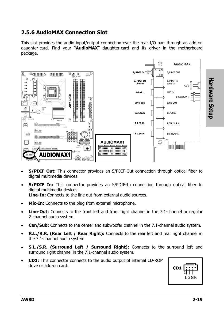Audiomax connection slot, 6 audiomax connection slot -19, Hardware setup | Intel AW8D User Manual | Page 27 / 80
