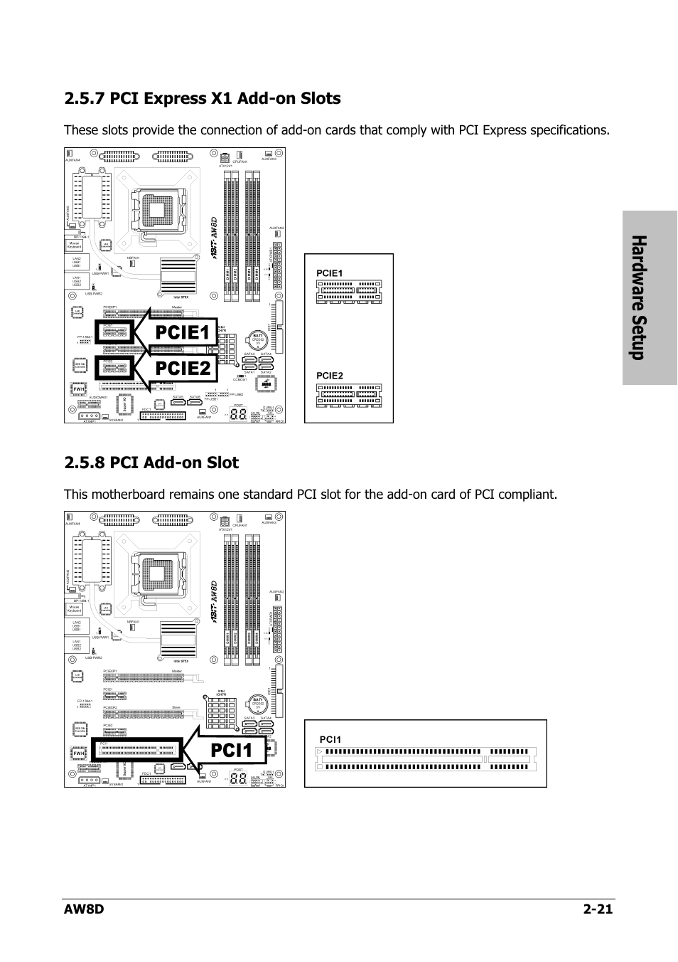 Pci express x1 add-on slots, Pci add-on slot, 7 pci express x1 add-on slots -21 | 8 pci add-on slot -21, Hardware setup | Intel AW8D User Manual | Page 29 / 80