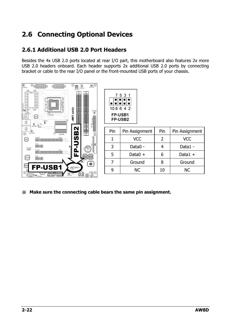 Connecting optional devices, Additional usb 2.0 port headers, 6 connecting optional devices -22 | 1 additional usb 2.0 port headers -22, 6 connecting optional devices, 1 additional usb 2.0 port headers | Intel AW8D User Manual | Page 30 / 80