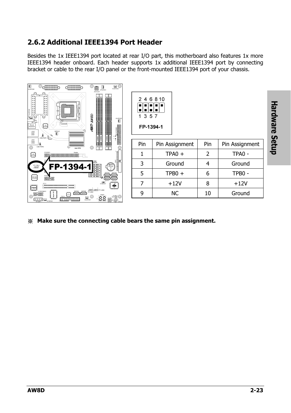Additional ieee1394 port header, 2 additional ieee1394 port header -23, Hardware setup | Intel AW8D User Manual | Page 31 / 80