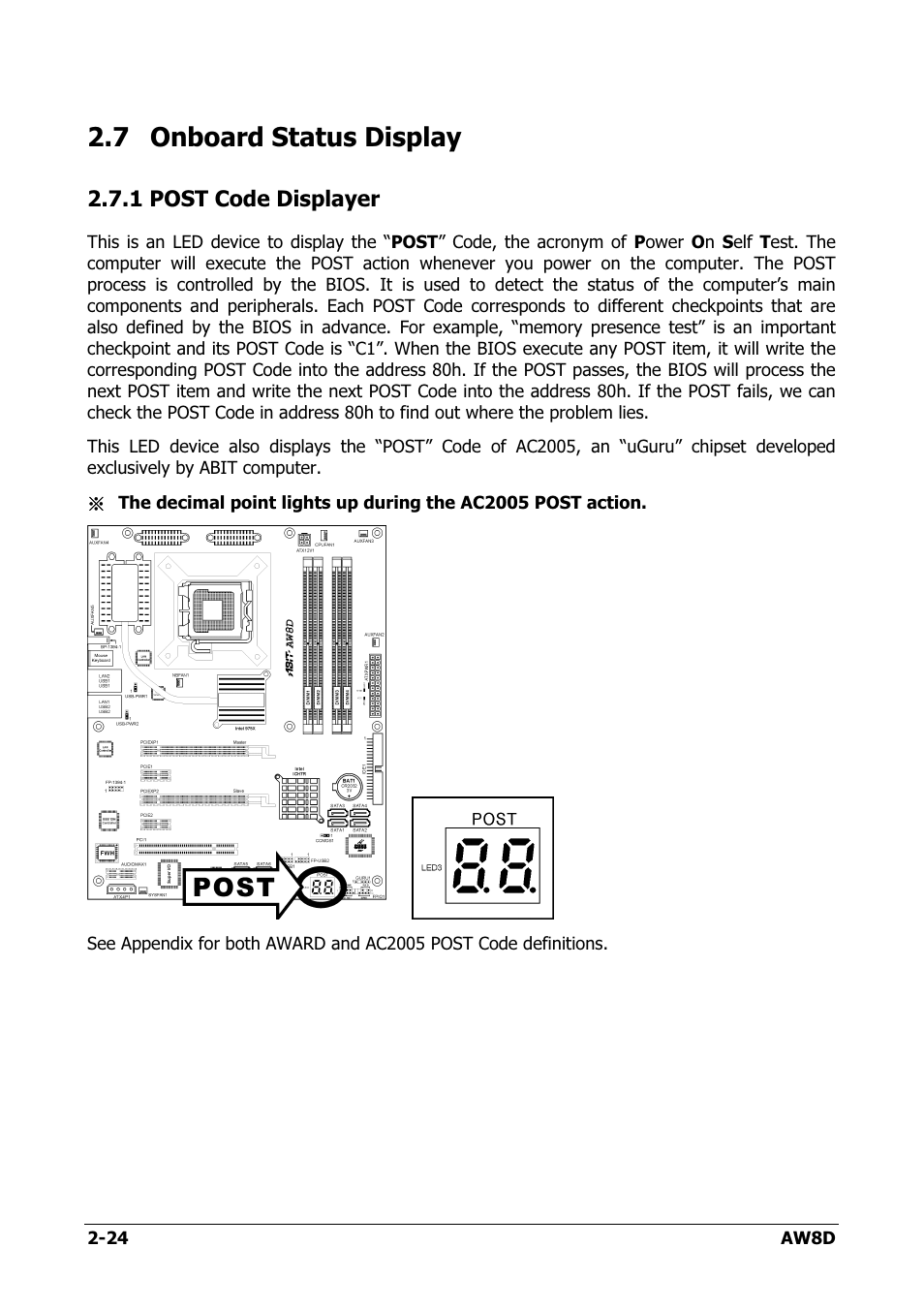 Onboard status display, Post code displayer, 7 onboard status display -24 | 1 post code displayer -24, 7 onboard status display | Intel AW8D User Manual | Page 32 / 80