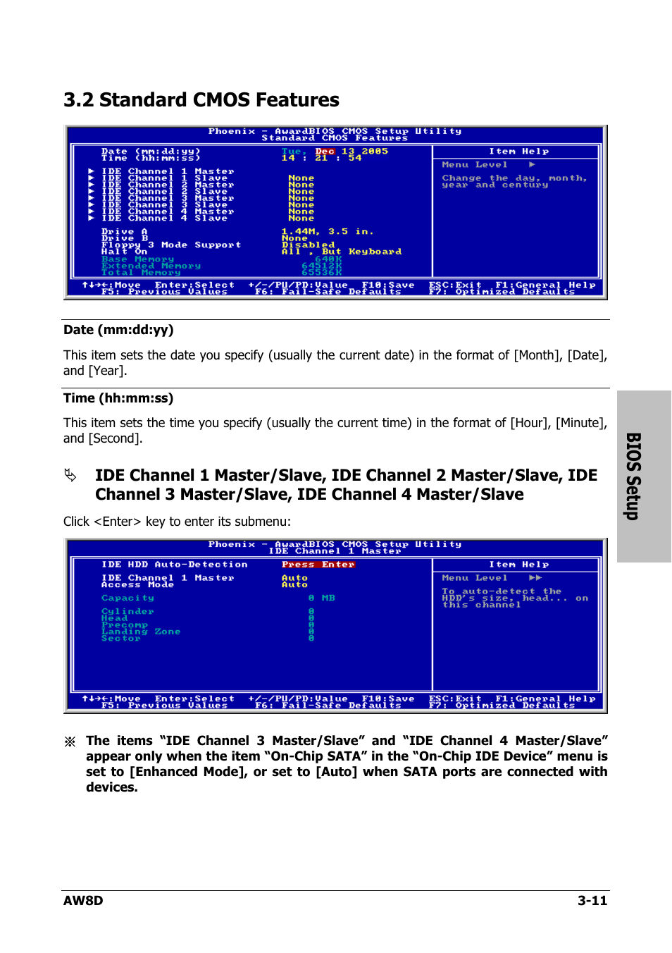 Standard cmos features, 2 standard cmos features -11, Bios setup | 2 standard cmos features | Intel AW8D User Manual | Page 45 / 80