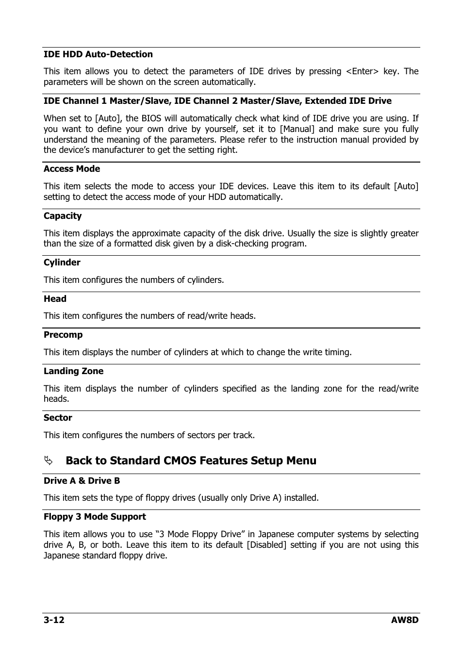 Back to standard cmos features setup menu | Intel AW8D User Manual | Page 46 / 80