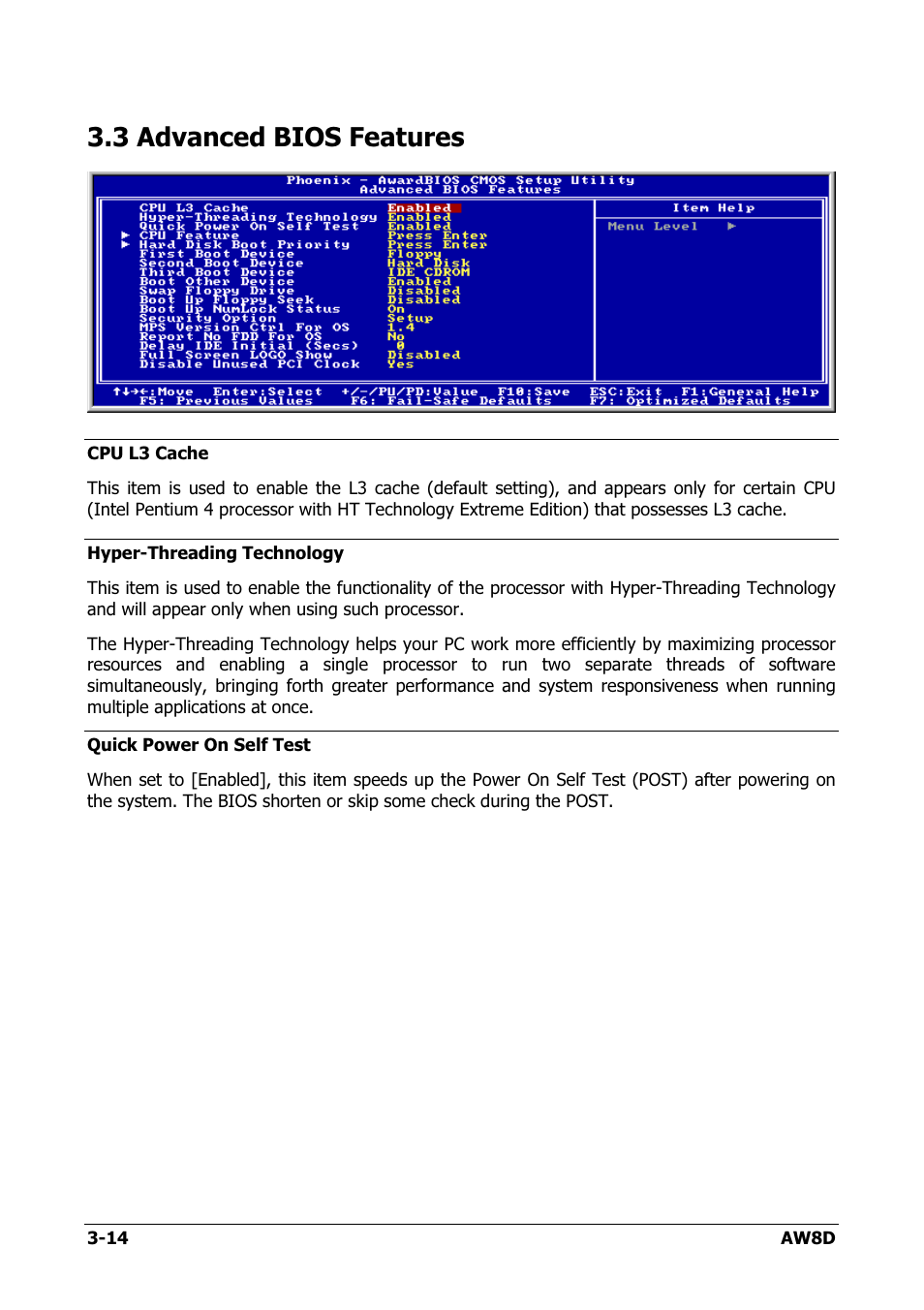 Advanced bios features, 3 advanced bios features -14, 3 advanced bios features | Intel AW8D User Manual | Page 48 / 80