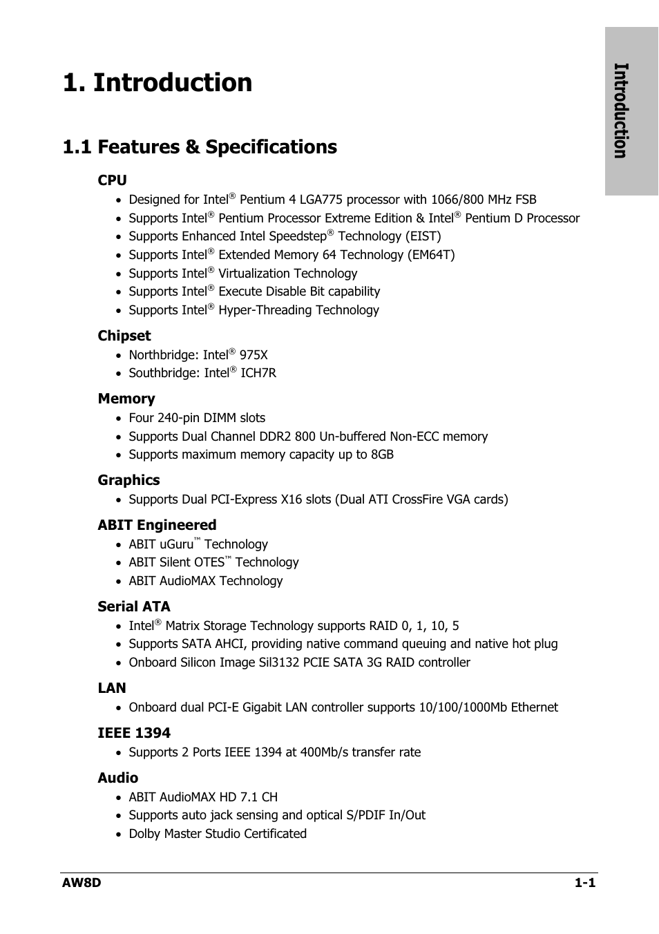 Introduction, Features & specifications, Introduction -1 | 1 features & specifications -1, 1 features & specifications | Intel AW8D User Manual | Page 5 / 80