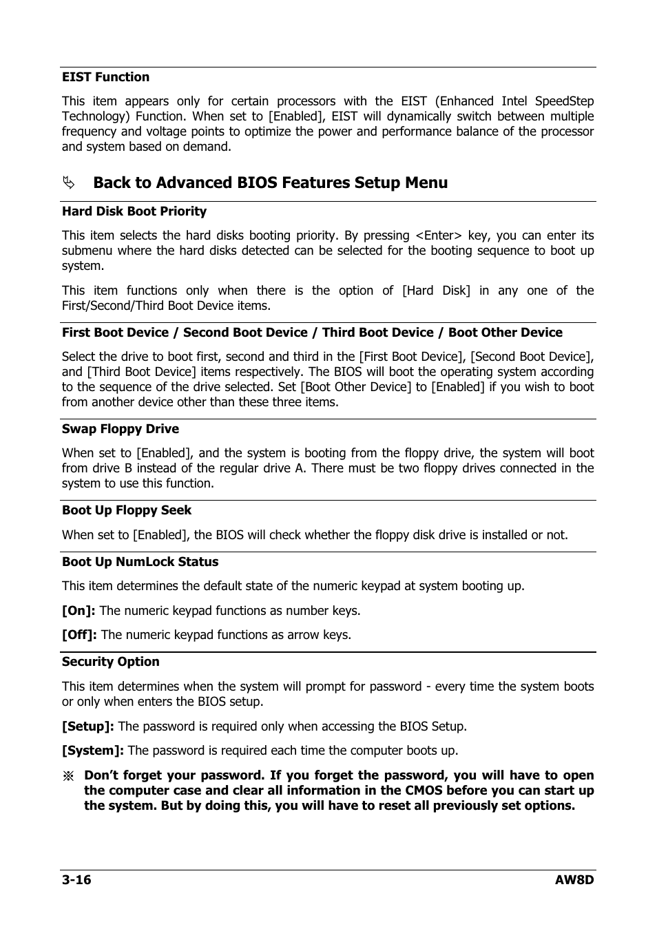 Back to advanced bios features setup menu | Intel AW8D User Manual | Page 50 / 80