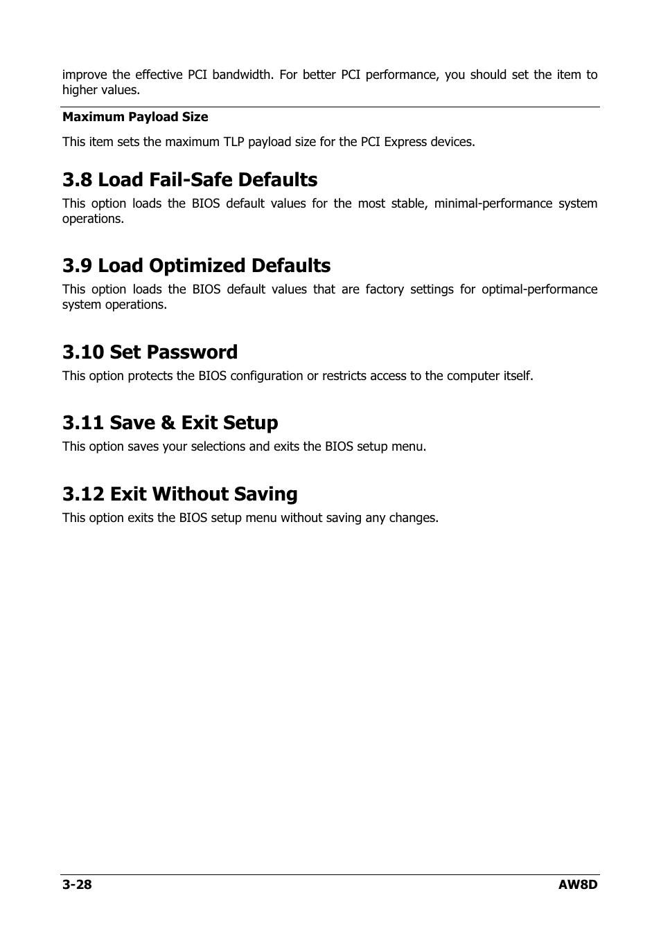 Load fail-safe defaults, Load optimized defaults, Set password | Save & exit setup, Exit without saving, 8 load fail-safe defaults -28, 9 load optimized defaults -28, 10 set password -28, 11 save & exit setup -28, 12 exit without saving -28 | Intel AW8D User Manual | Page 62 / 80