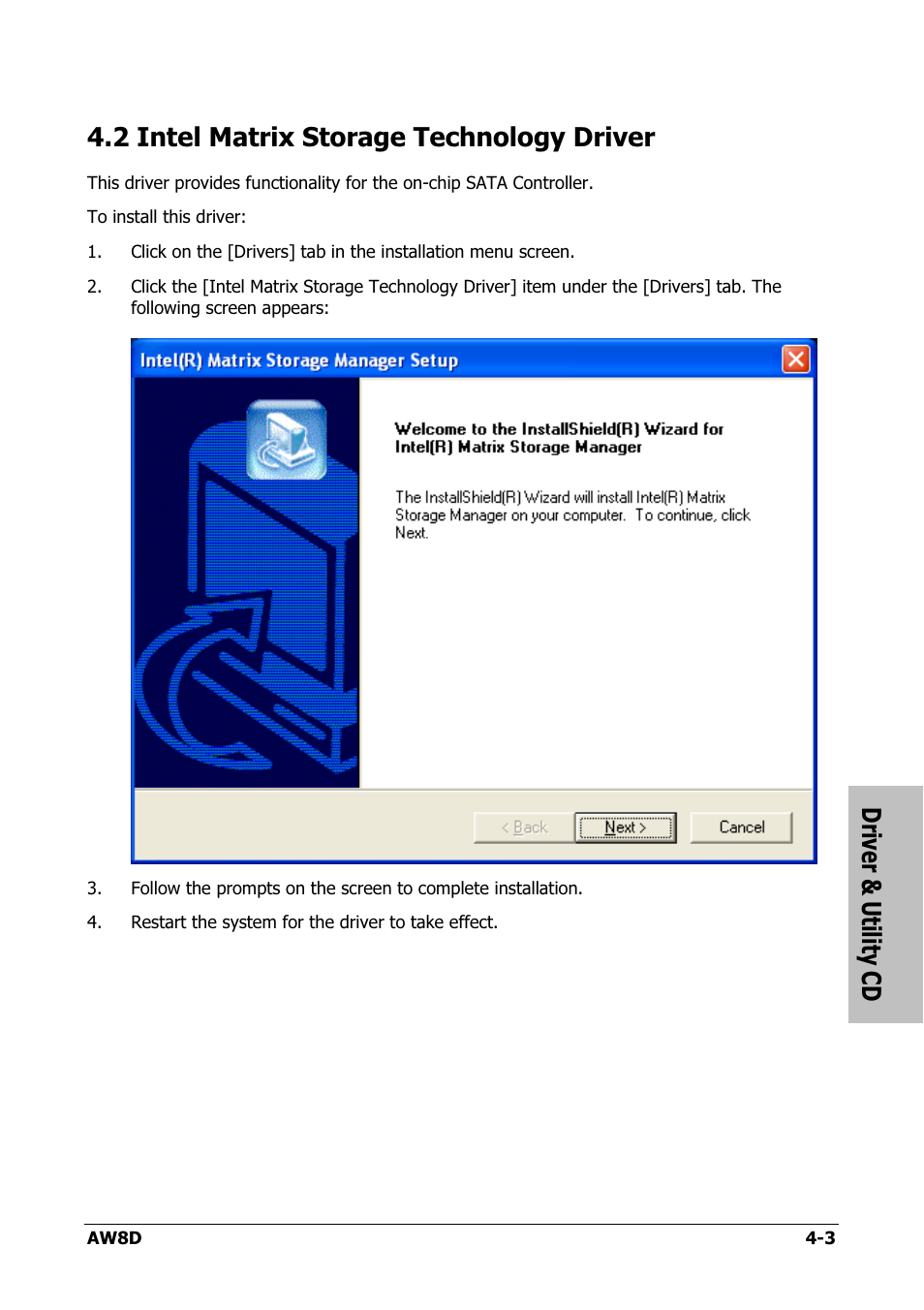 Intel matrix storage technology driver, 2 intel matrix storage technology driver -3, Driver & utility cd | 2 intel matrix storage technology driver | Intel AW8D User Manual | Page 65 / 80