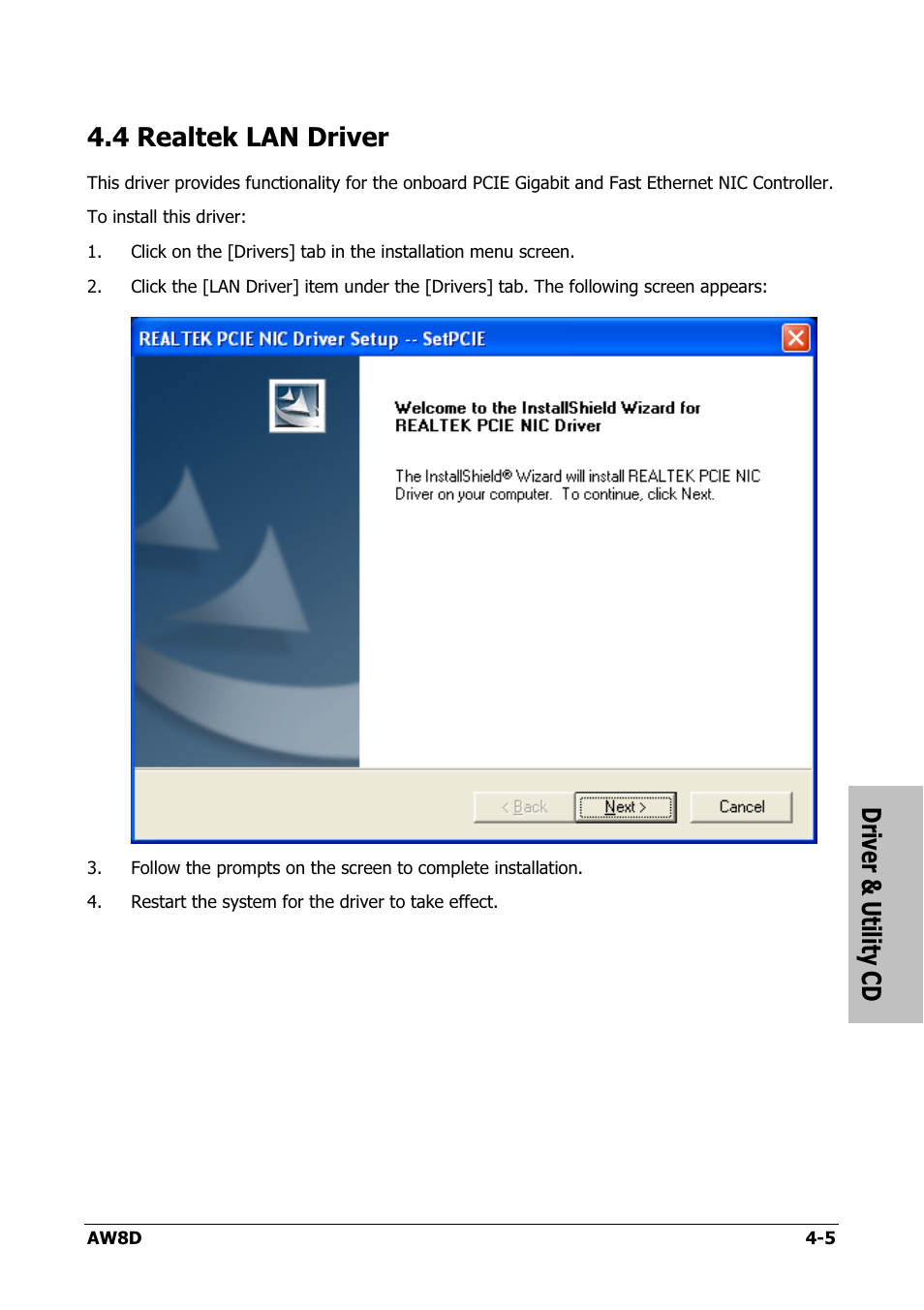 Realtek lan driver, 4 realtek lan driver -5, Driver & utility cd | 4 realtek lan driver | Intel AW8D User Manual | Page 67 / 80