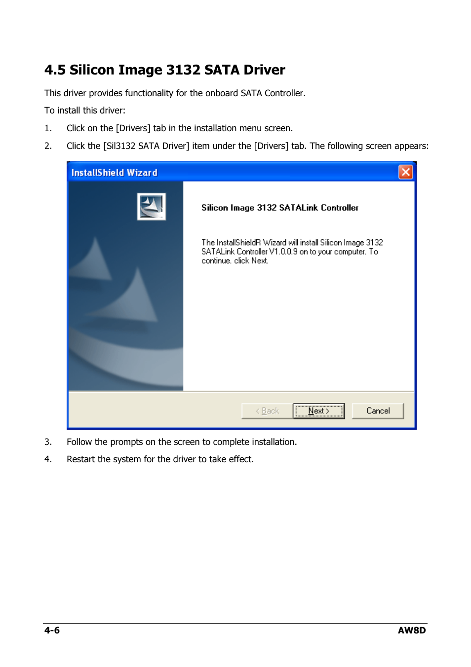 Silicon image 3132 sata driver, 5 silicon image 3132 sata driver -6 | Intel AW8D User Manual | Page 68 / 80