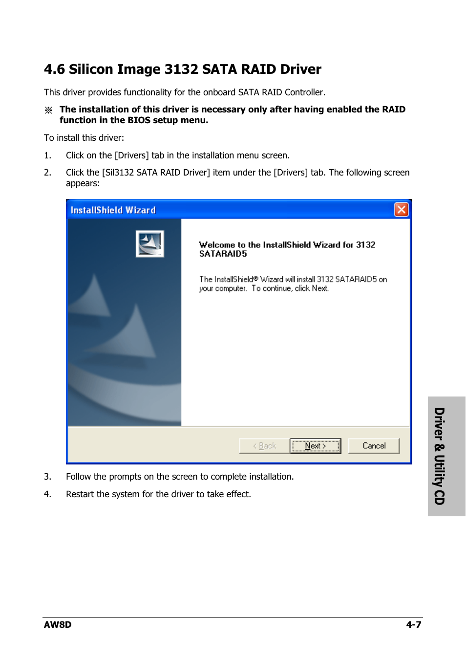 Silicon image 3132 sata raid driver, 6 silicon image 3132 sata raid driver -7, Driver & utility cd | Intel AW8D User Manual | Page 69 / 80