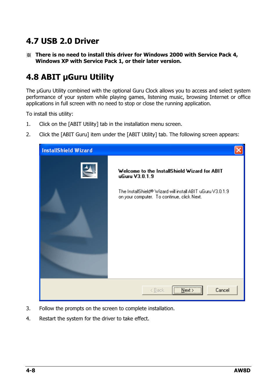 Usb 2.0 driver, Abit μguru utility, 7 usb 2.0 driver -8 | 8 abit µguru utility -8, 7 usb 2.0 driver, 8 abit µguru utility | Intel AW8D User Manual | Page 70 / 80