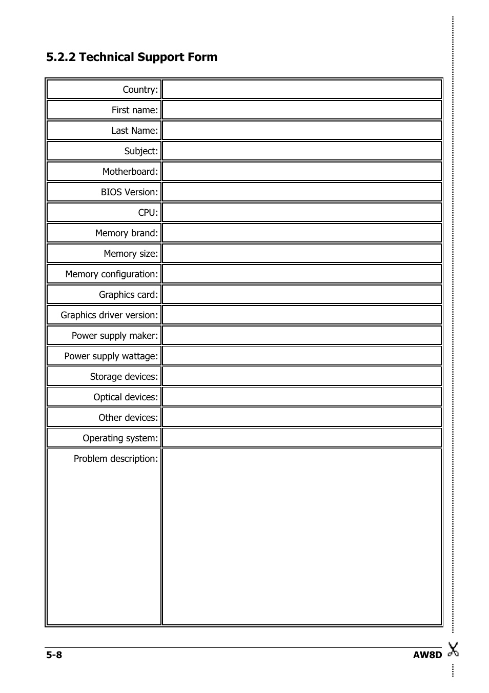 Technical support form, Technical support form -8, 2 technical support form | Intel AW8D User Manual | Page 78 / 80