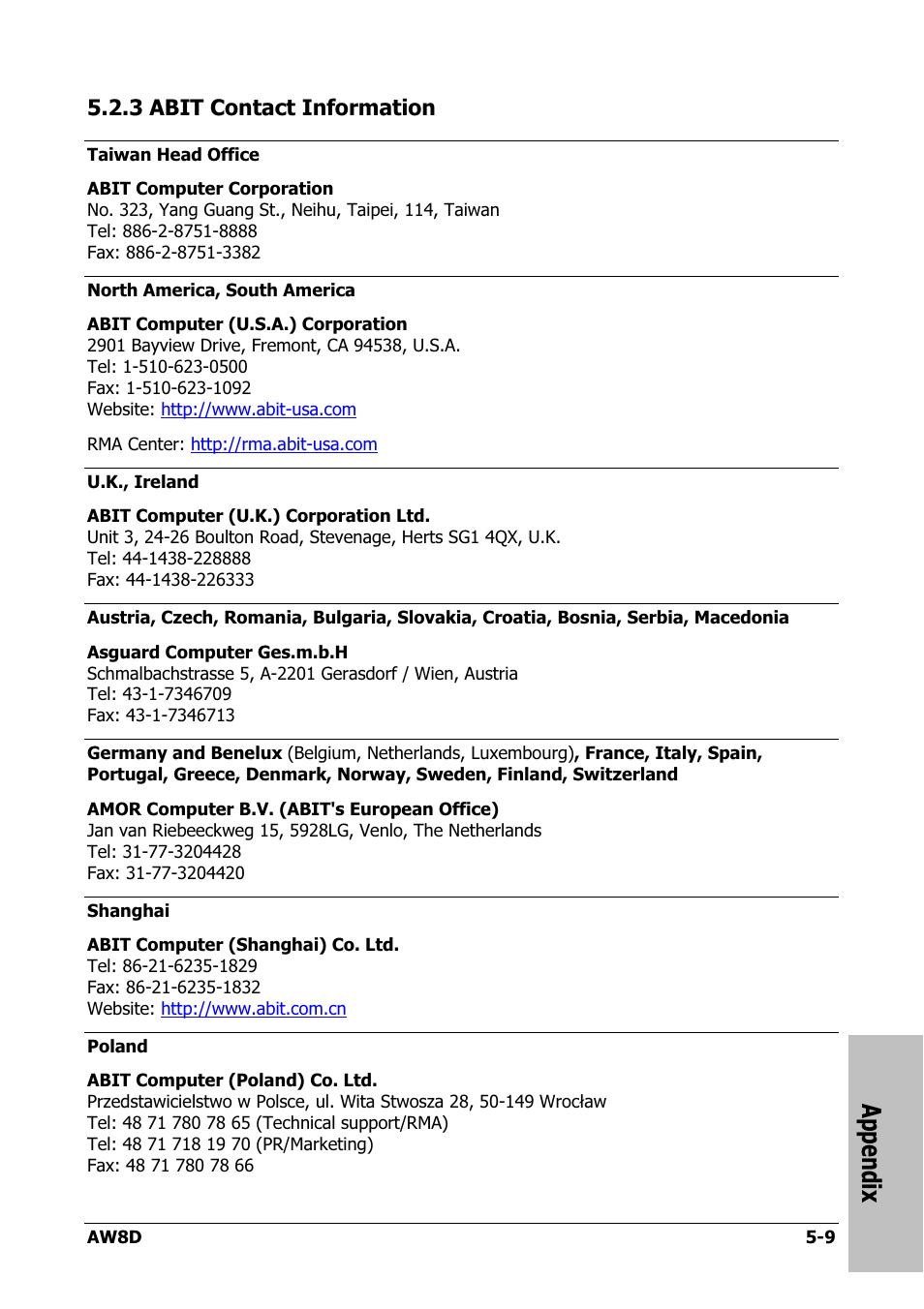 Abit contact information, 3 abit contact information -9, Appendix | 3 abit contact information | Intel AW8D User Manual | Page 79 / 80