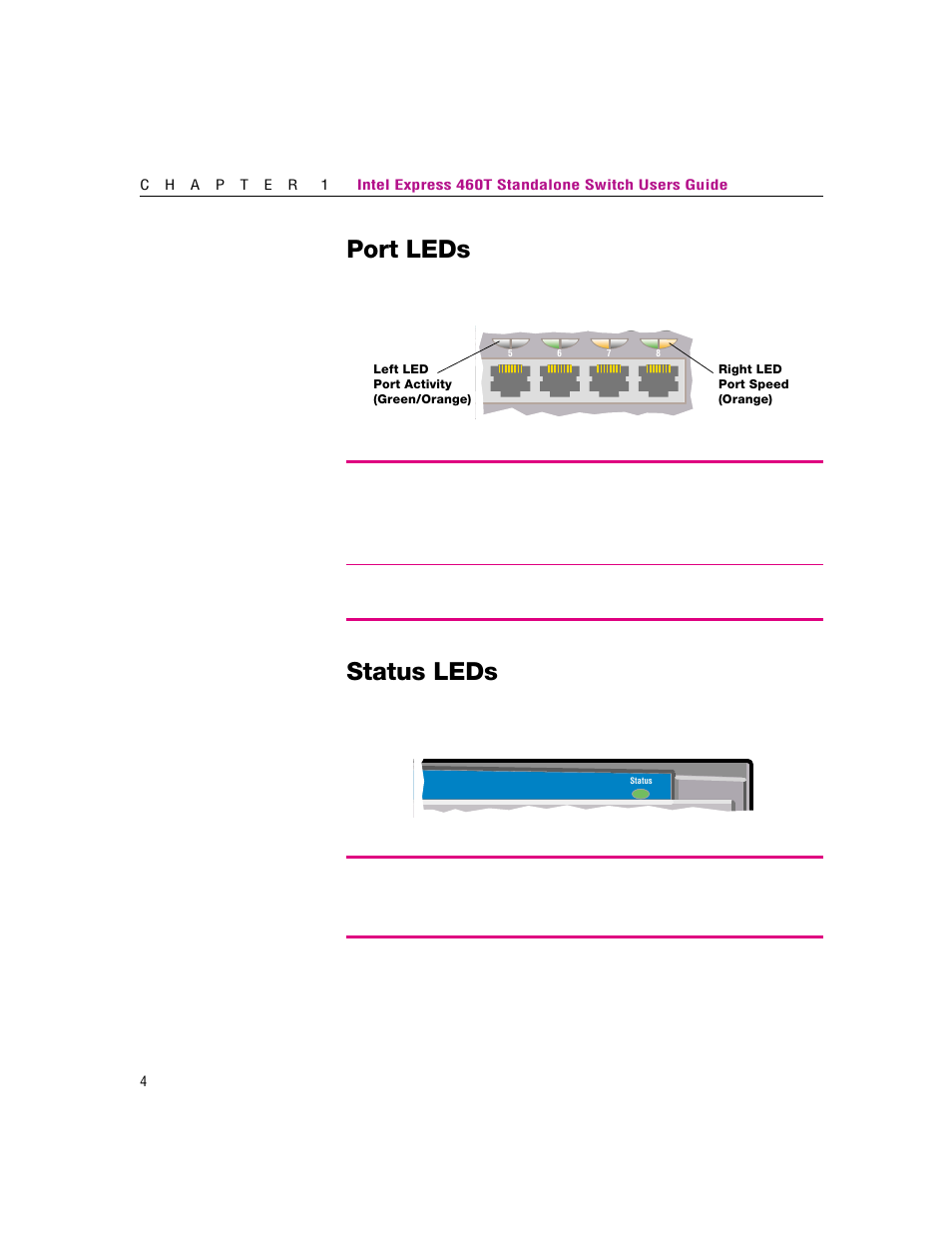 Port leds, Status leds | Intel 460T User Manual | Page 10 / 150