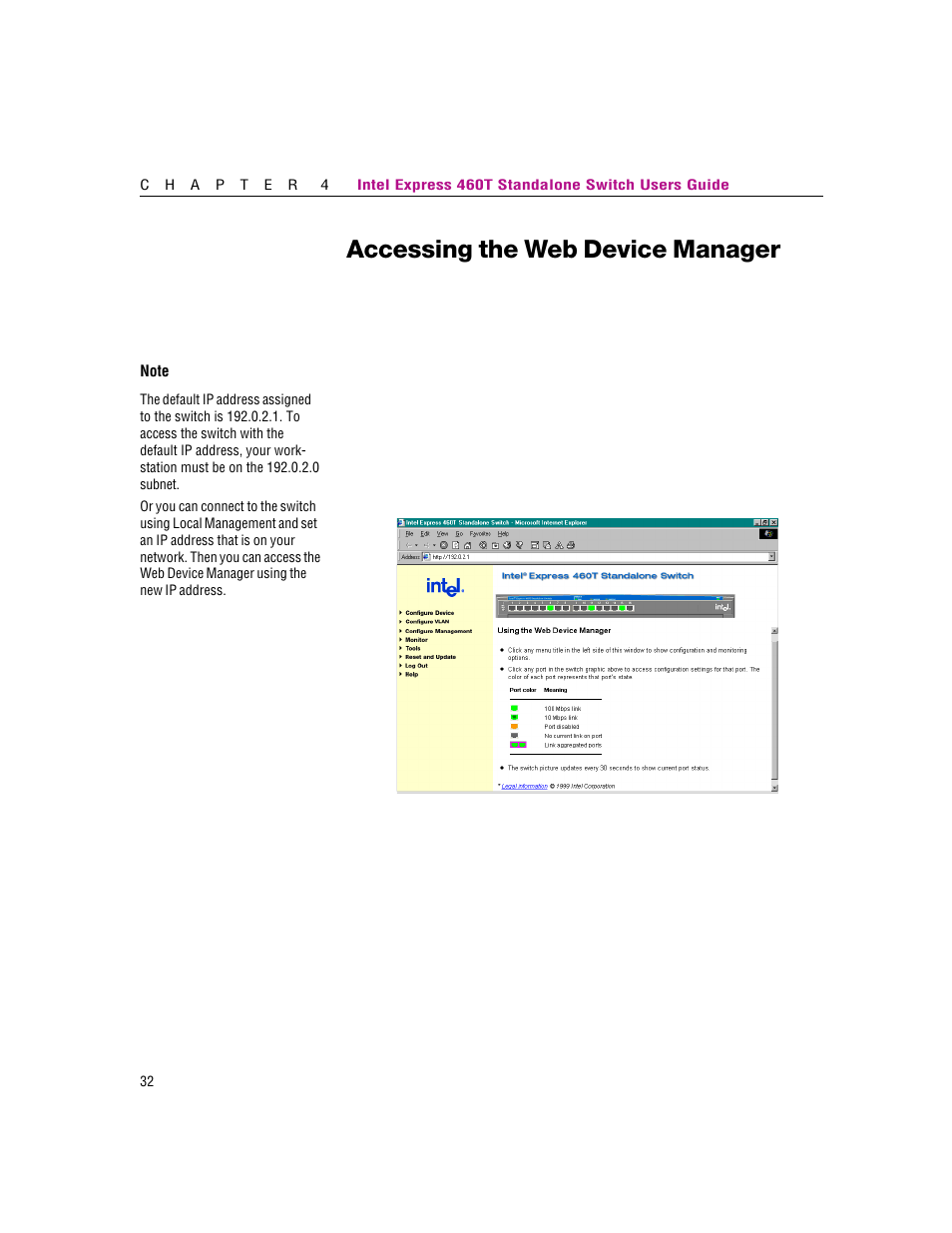 Accessing the web device manager | Intel 460T User Manual | Page 38 / 150