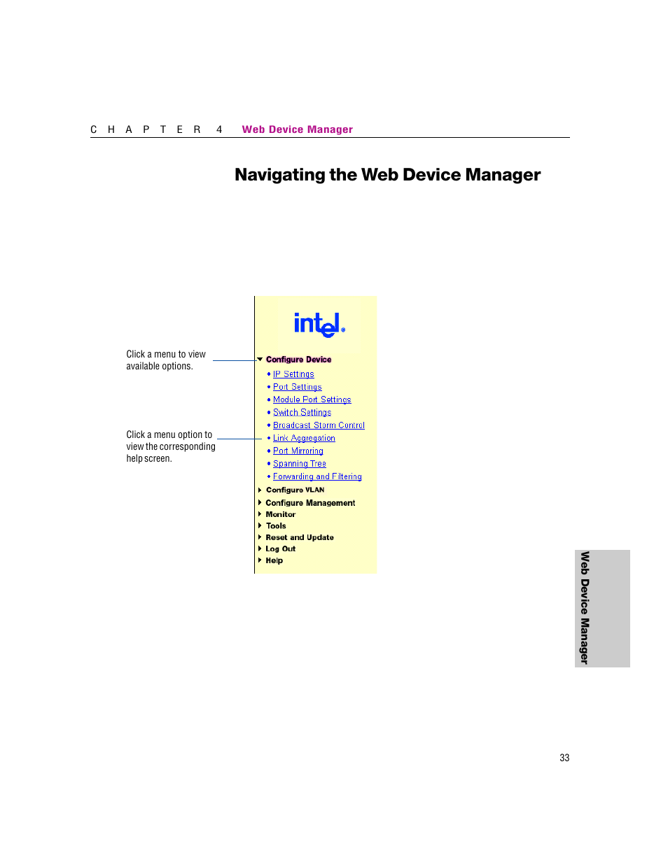 Navigating the web device manager | Intel 460T User Manual | Page 39 / 150