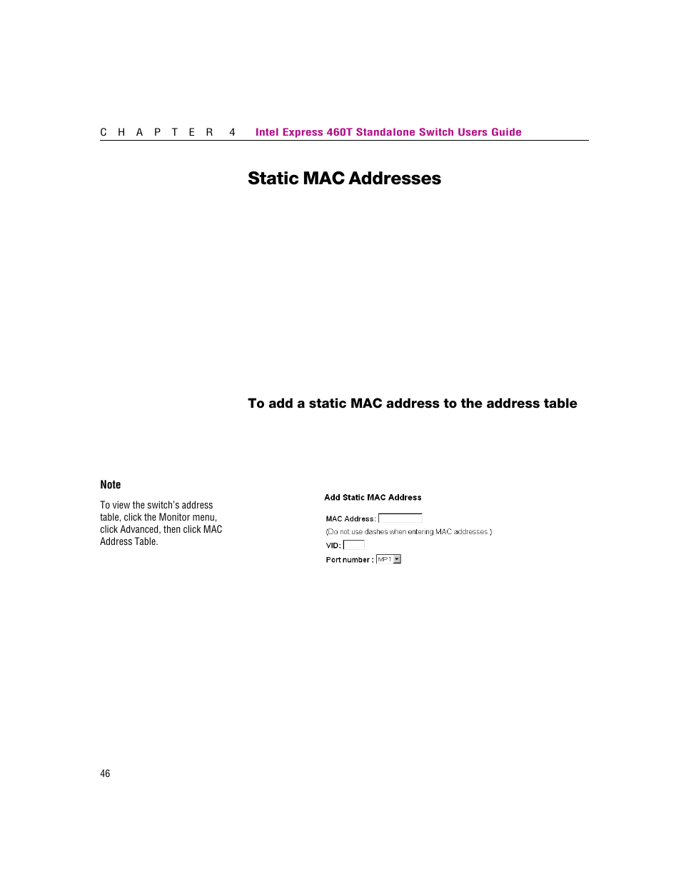Static mac addresses | Intel 460T User Manual | Page 52 / 150