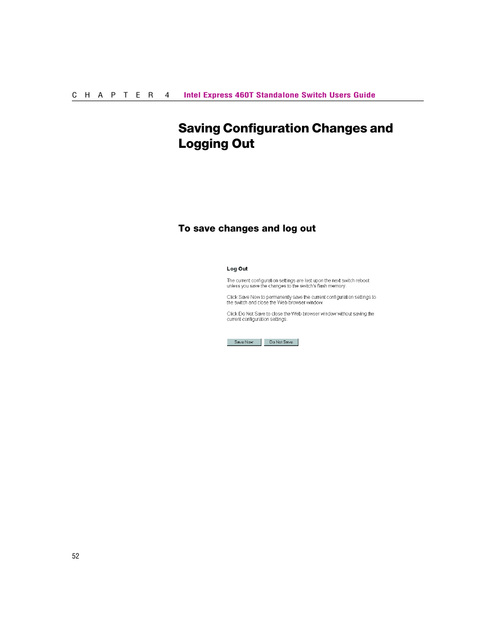 Saving configuration changes and logging out | Intel 460T User Manual | Page 58 / 150