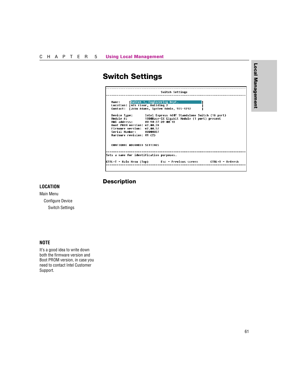 Switch settings | Intel 460T User Manual | Page 67 / 150