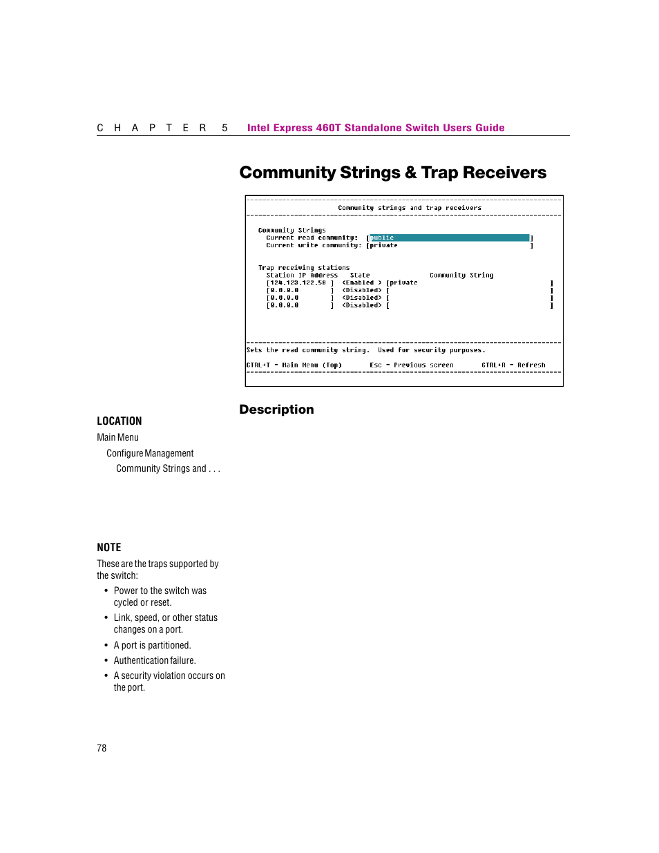 Community strings & trap receivers, Description | Intel 460T User Manual | Page 84 / 150