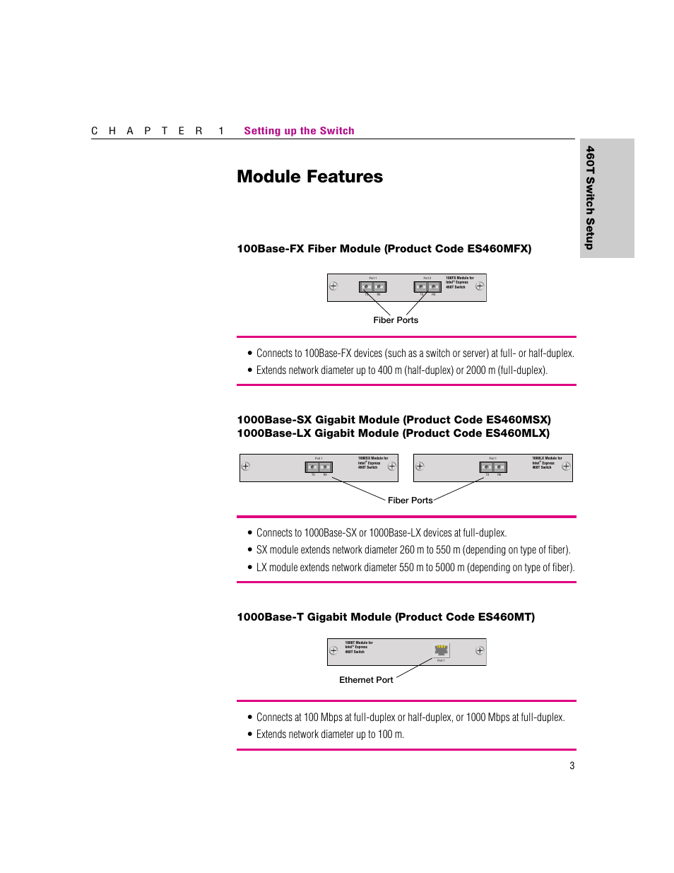 Module features, 460t switch setup | Intel 460T User Manual | Page 9 / 150