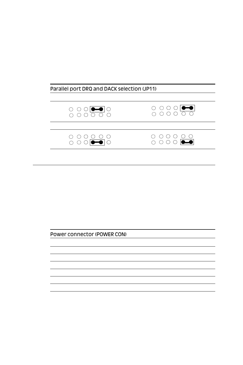 Power supply connections (power con), Parallel port drq and dack (jp11), Power supply connector | Intel SBC-455 User Manual | Page 30 / 97