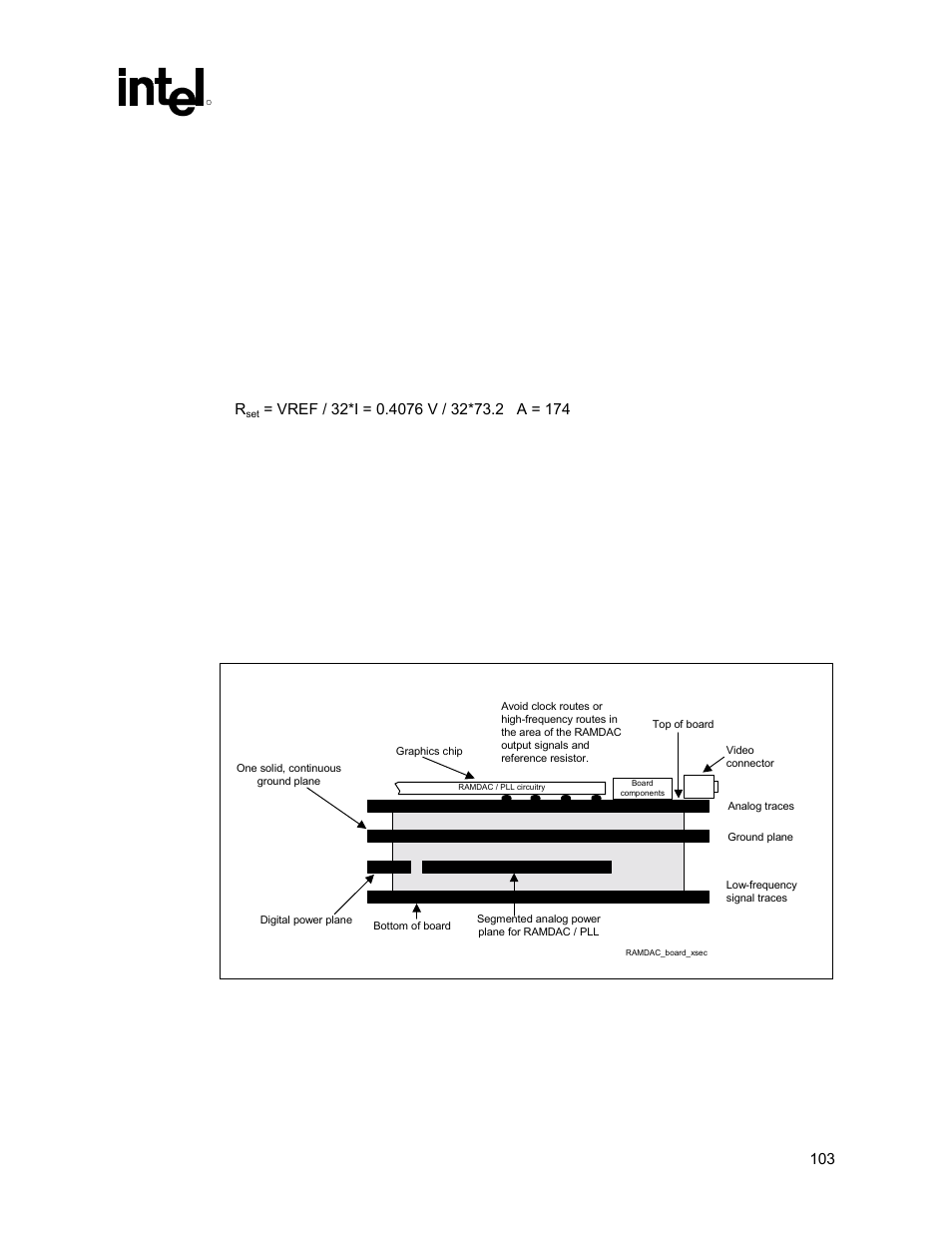 Reference resistor (rset) calculation, Ramdac board design guidelines, Ramdac layout recommendations | 2 reference resistor (rset) calculation, 3 ramdac board design guidelines | Intel 815 User Manual | Page 103 / 213