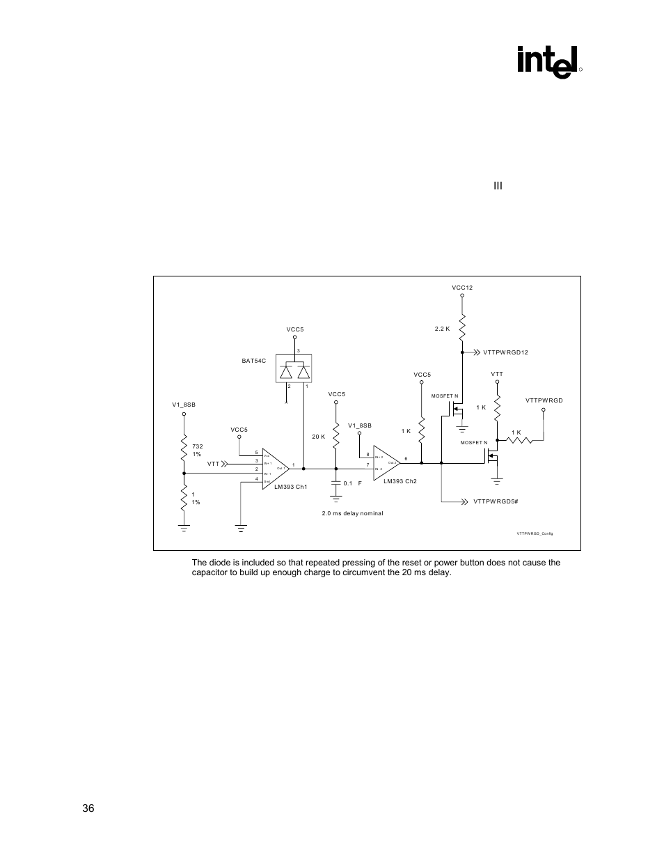 Configuring non-vtt processor pins, Figure 12. vttpwrgd configuration circuit, 6 configuring non-vtt processor pins | Universal socket 370 design, 36 intel, 815 chipset platform design guide | Intel 815 User Manual | Page 36 / 213