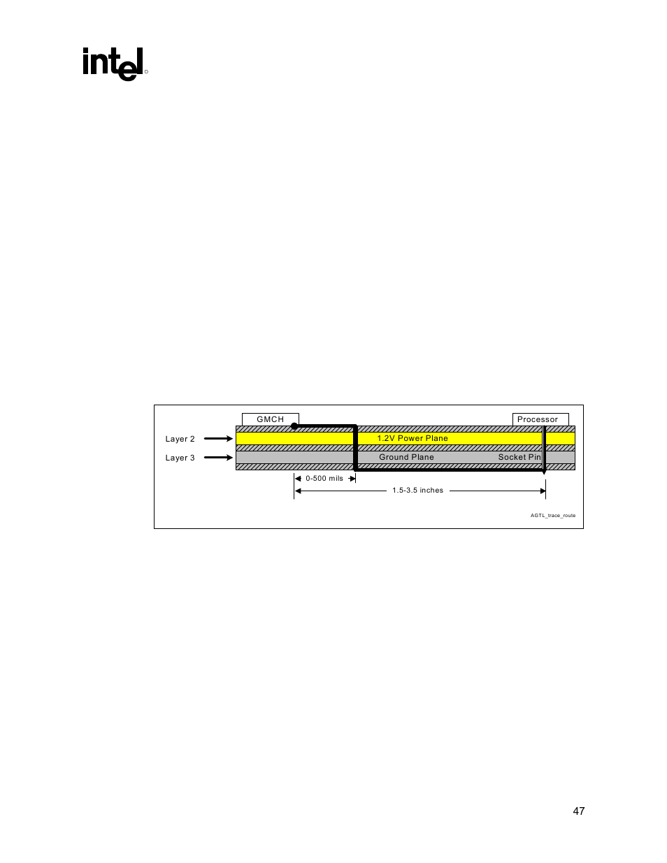 Motherboard layout rules for agtl/agtl+ signals, Figure 20. agtl/agtl+ trace routing, 1 motherboard layout rules for agtl/agtl+ signals | Intel 815 User Manual | Page 47 / 213