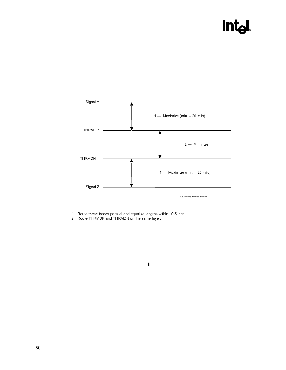 Thrmdp and thrmdn, Additional routing and placement considerations, Figure 21. routing for thrmdp and thrmdn | Intel 815 User Manual | Page 50 / 213