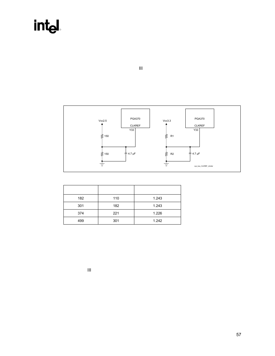 Clkref circuit implementation, Undershoot/overshoot requirements, Figure 24. examples for clkref divider circuit | 6 clkref circuit implementation, 7 undershoot/overshoot requirements | Intel 815 User Manual | Page 57 / 213