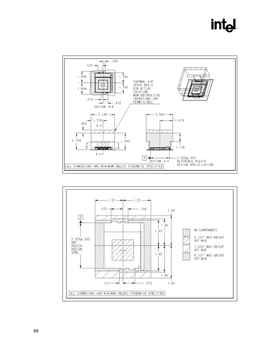 Figure 31. heatsink volumetric keepout regions, Figure 32. motherboard component keepout regions | Intel 815 User Manual | Page 66 / 213