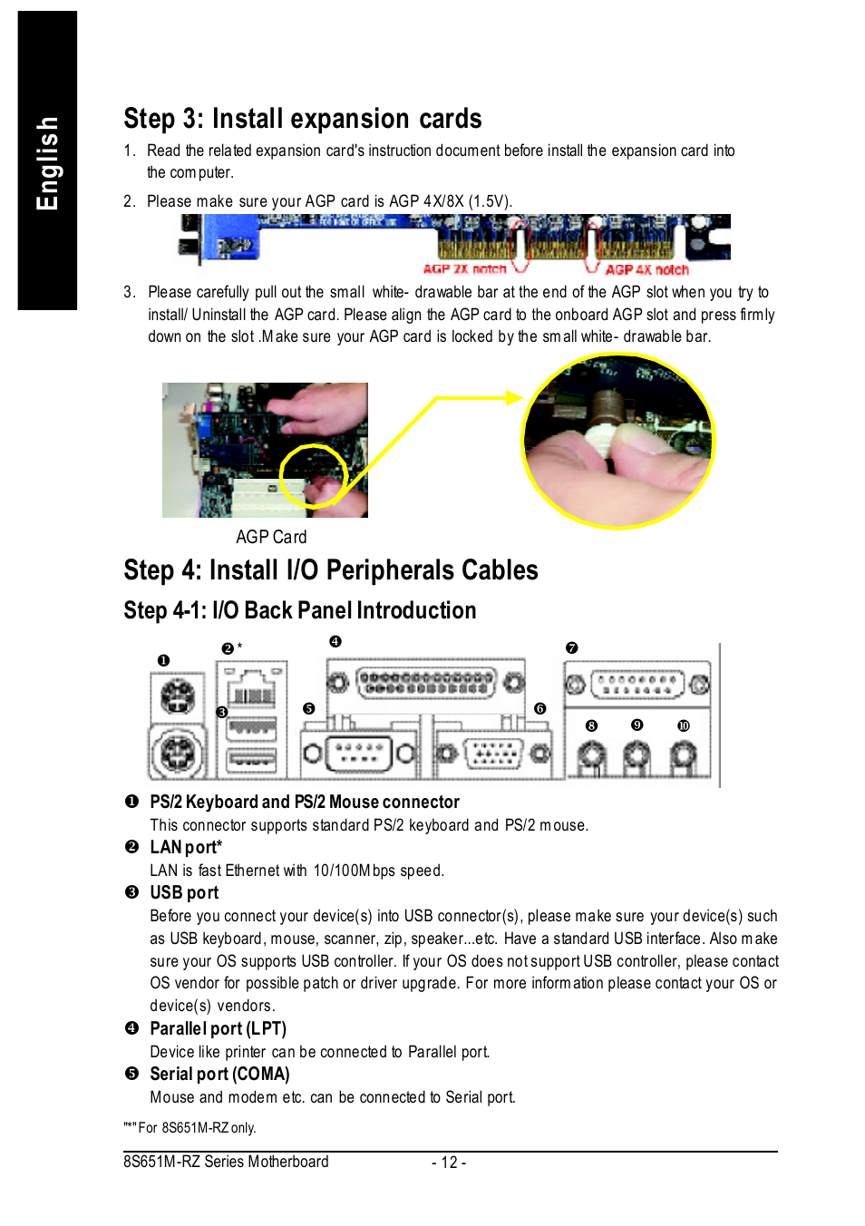 English step 3: install expansion cards, Step 4: install i/o peripherals cables, Step 4-1: i/o back panel introduction | Intel 8S651M-RZ User Manual | Page 12 / 40