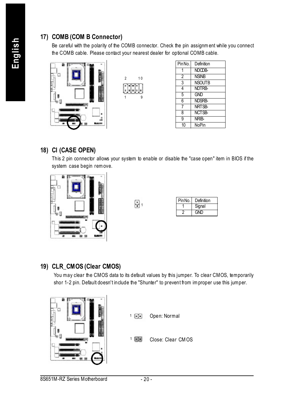 English, 17) comb (com b connector), 18) ci (case open) | 19) clr_cmos (clear cmos) | Intel 8S651M-RZ User Manual | Page 20 / 40
